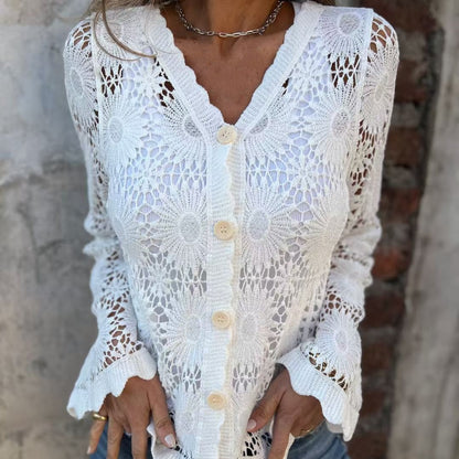 Women's Lace V-Neck Long Sleeve Top
