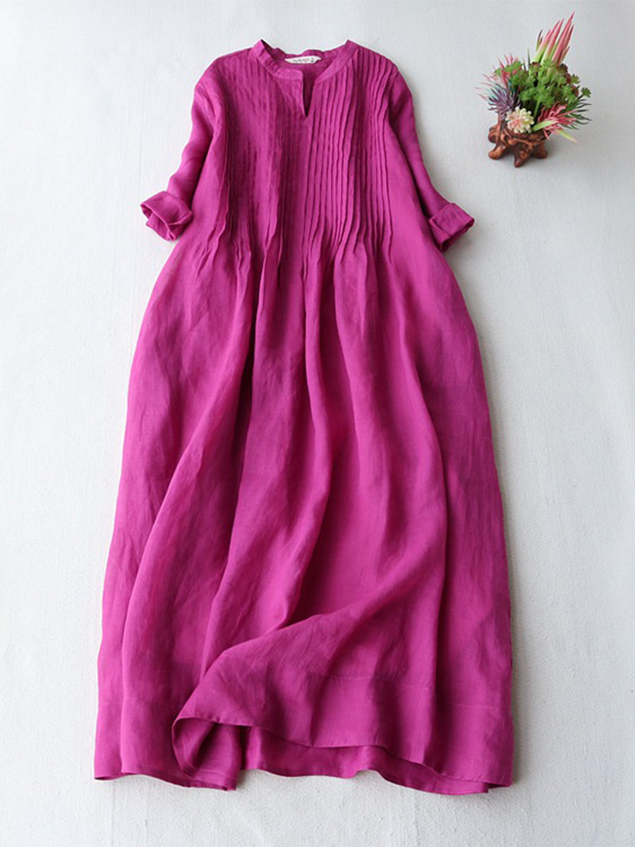 Pleated Cotton Linen Pocket Maxi Dress