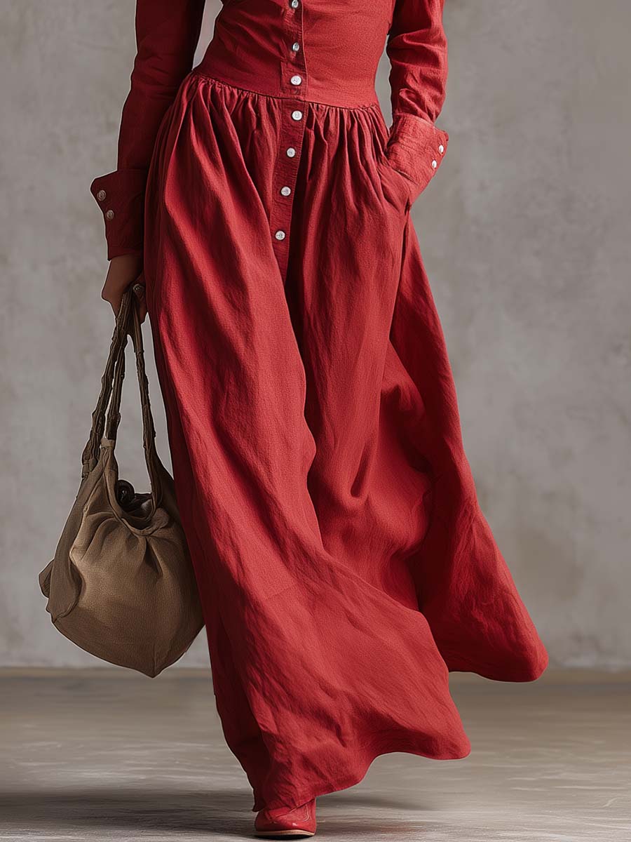 Exquisite Retro Western Lapel Front Button Red Windbreaker Style Cotton And Linen Maxi Dress