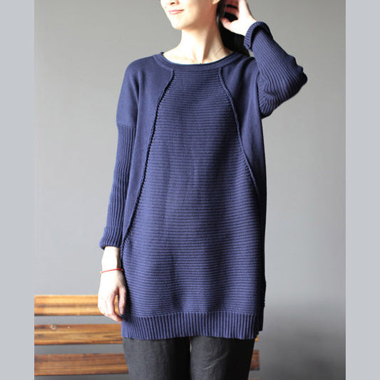 dunkelblauer neuer Baumwollpullover Tops Vintage Passform mittellanger Strickpullover