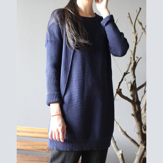 dunkelblauer neuer Baumwollpullover Tops Vintage Passform mittellanger Strickpullover