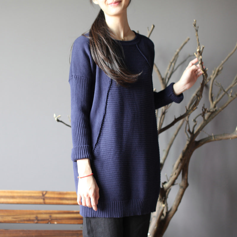 dunkelblauer neuer Baumwollpullover Tops Vintage Passform mittellanger Strickpullover