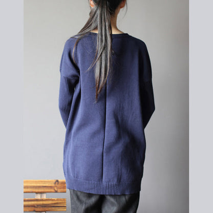 dunkelblauer neuer Baumwollpullover Tops Vintage Passform mittellanger Strickpullover