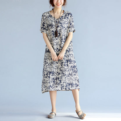 dunkle Blaupausen Midi-Chiffon-Kleider in Übergröße, seitlich offenes Midikleid mit V-Ausschnitt
