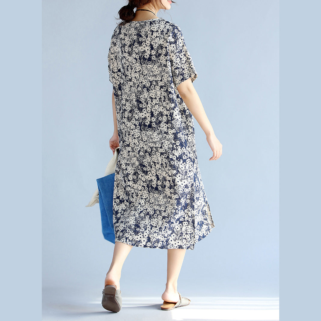 dunkle Blaupausen Midi-Chiffon-Kleider in Übergröße, seitlich offenes Midikleid mit V-Ausschnitt