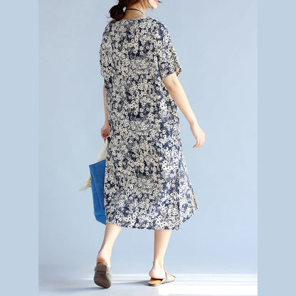 dunkle Blaupausen Midi-Chiffon-Kleider in Übergröße, seitlich offenes Midikleid mit V-Ausschnitt