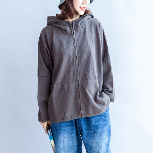 dunkelgraue Baumwolloberteile mit Reißverschluss in Übergröße mit Kapuze und Rückendrucken, Fledermausärmeln, kurze Mäntel