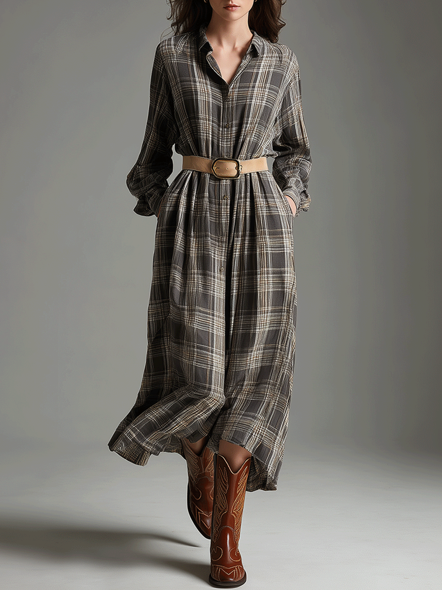 Vintage-Style Gray Plaid Maxi Dress