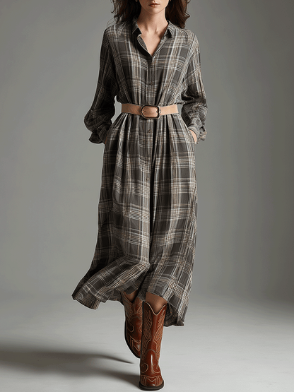 Vintage-Style Gray Plaid Maxi Dress