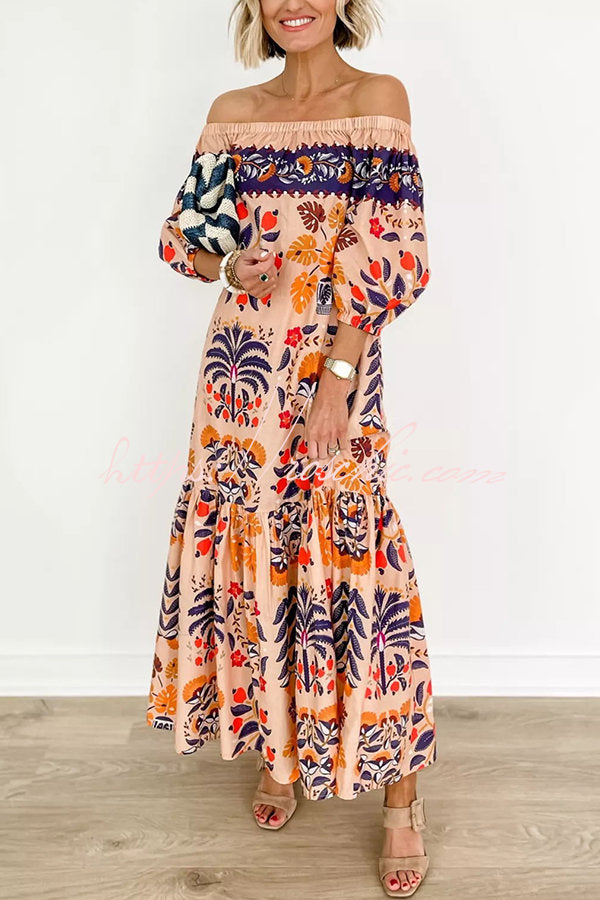 Island Print Off-Shoulder Flowy Midi Dress