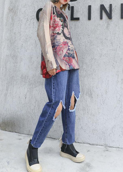 denim blue 2019 new high waist straight pants elastic waist ripped Jeans - SooLinen