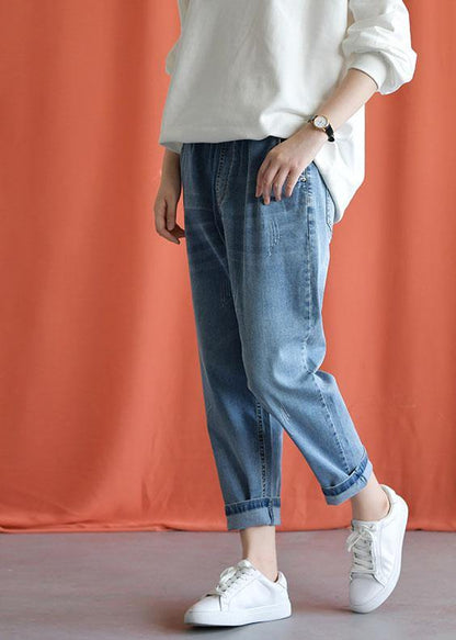 denim blue 2019 new wild elastic waist pants - SooLinen