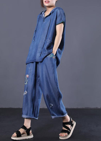 denim blue vintage cotton two pieces hooded short sleeve tops and patchwork pants - SooLinen