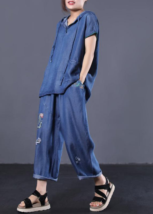 denim blue vintage cotton two pieces hooded short sleeve tops and patchwork pants - SooLinen