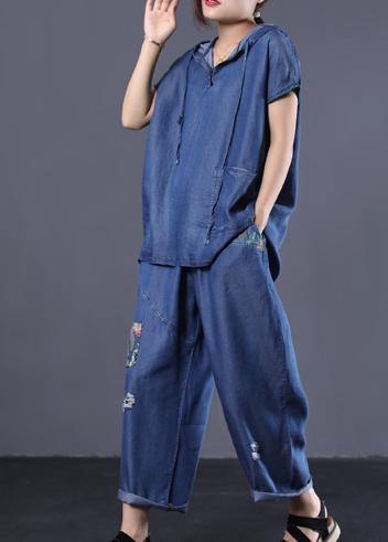 denim blue vintage cotton two pieces hooded short sleeve tops and patchwork pants - SooLinen