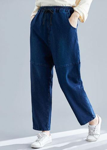 denim blue vintage women pants elastic waist patchwork trousers - SooLinen