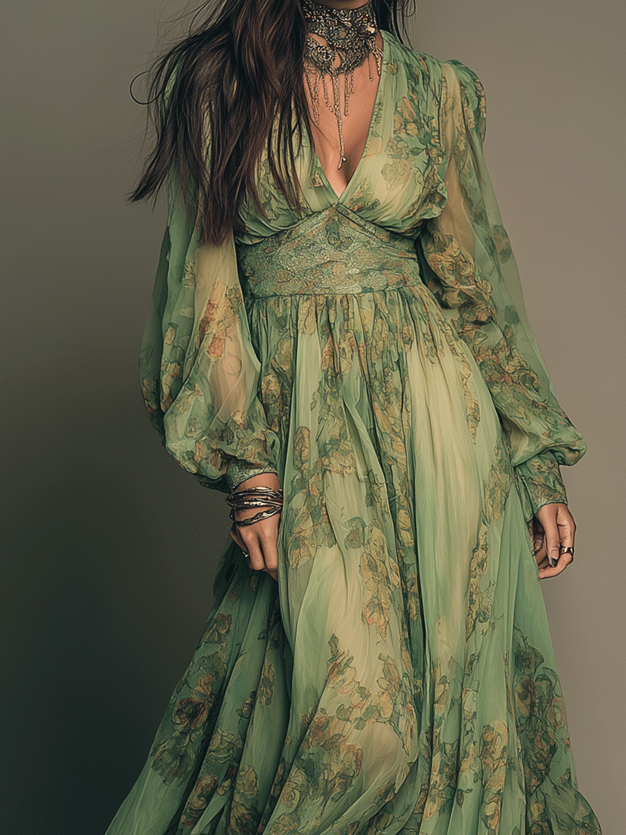 Vintage Green Bohemian Floral Ruffle Maxi Dress