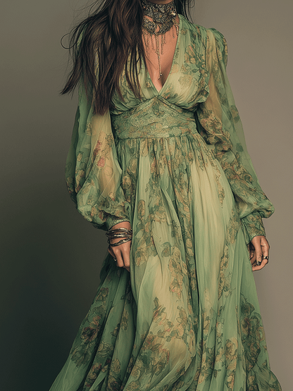 Vintage Green Bohemian Floral Ruffle Maxi Dress