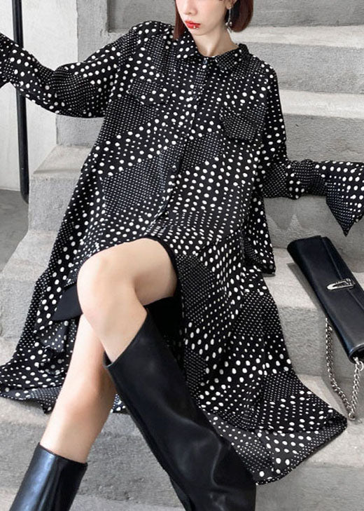 DIY Black Dot asymmetrisches Design Print Herbsthemden Langarmkleid