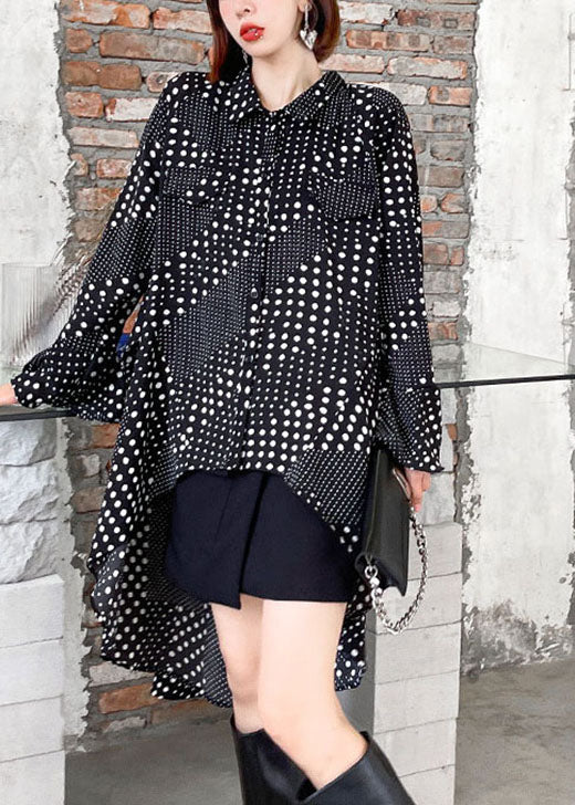 DIY Black Dot asymmetrisches Design Print Herbsthemden Langarmkleid