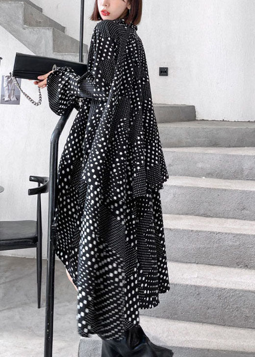 DIY Black Dot asymmetrisches Design Print Herbsthemden Langarmkleid