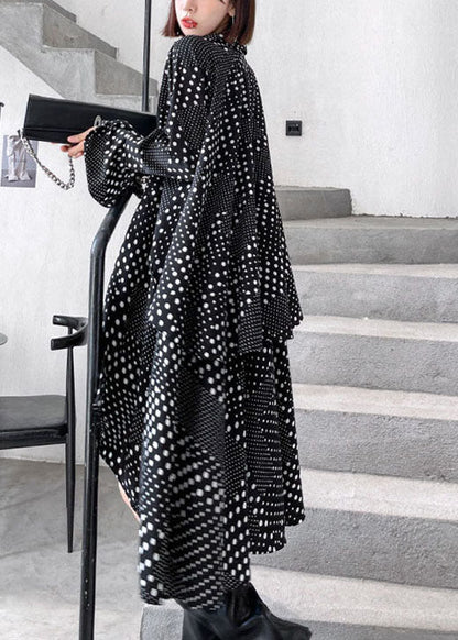 DIY Black Dot asymmetrisches Design Print Herbsthemden Langarmkleid