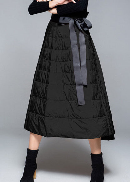 DIY Schwarze A-Linie Winter-Daunenröcke mit hoher Taille und Bindegürtel