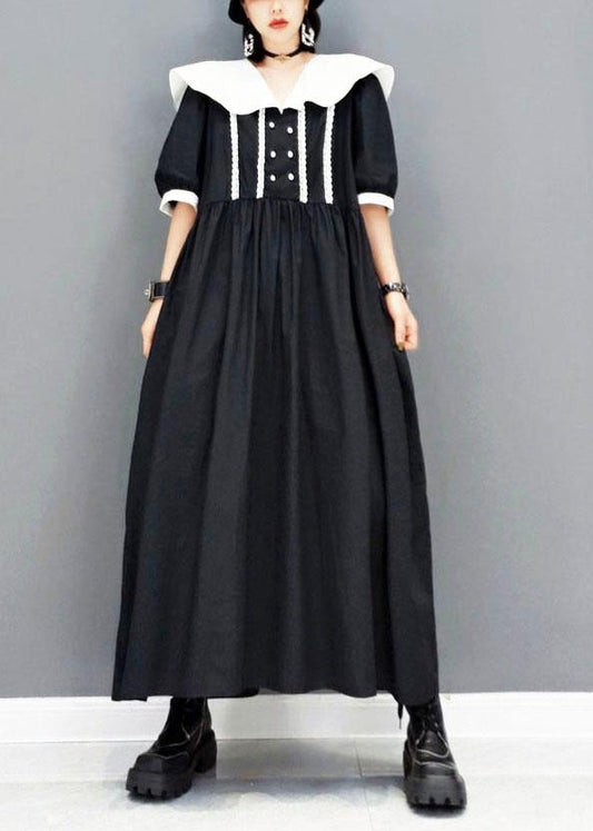 diy Black Peter Pan CollarButtonPatchwork Half Sleeve Robe Dresses Fall - SooLinen