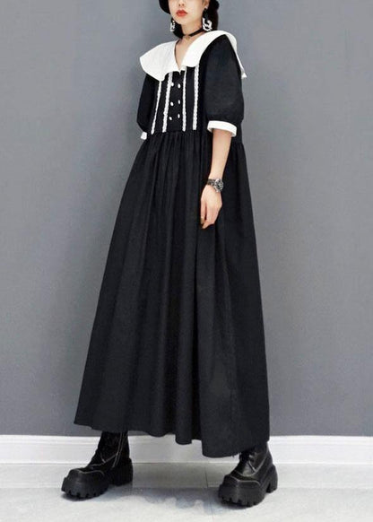 diy Black Peter Pan CollarButtonPatchwork Half Sleeve Robe Dresses Fall - SooLinen