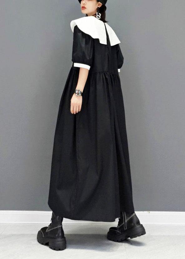 diy Black Peter Pan CollarButtonPatchwork Half Sleeve Robe Dresses Fall - SooLinen
