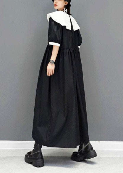 diy Black Peter Pan CollarButtonPatchwork Half Sleeve Robe Dresses Fall - SooLinen