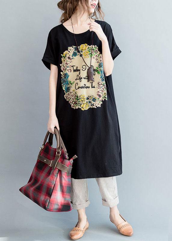 diy Black Side Open Letter O Neck Vacation Cotton Dresses - SooLinen