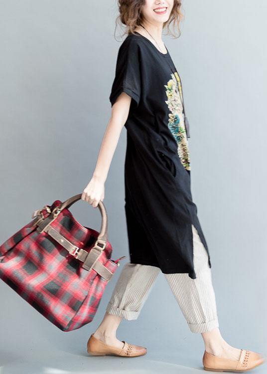 diy Black Side Open Letter O Neck Vacation Cotton Dresses - SooLinen