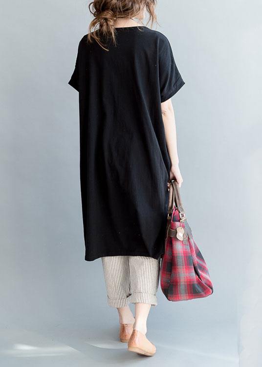 diy Black Side Open Letter O Neck Vacation Cotton Dresses - SooLinen