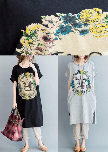 diy Black Side Open Letter O Neck Vacation Cotton Dresses - SooLinen