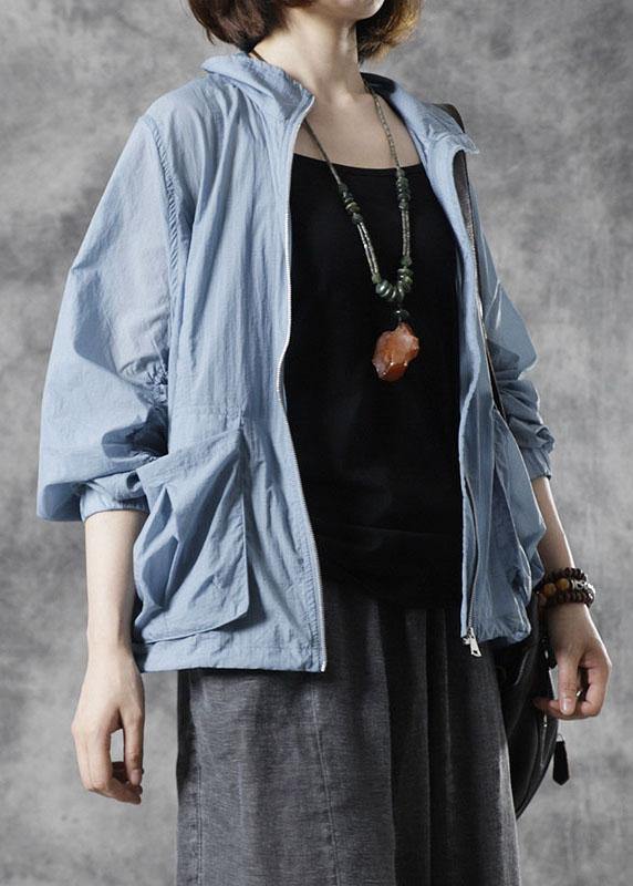 diy Blue Stand Collar Zippered Fall Long Sleeve Top - SooLinen