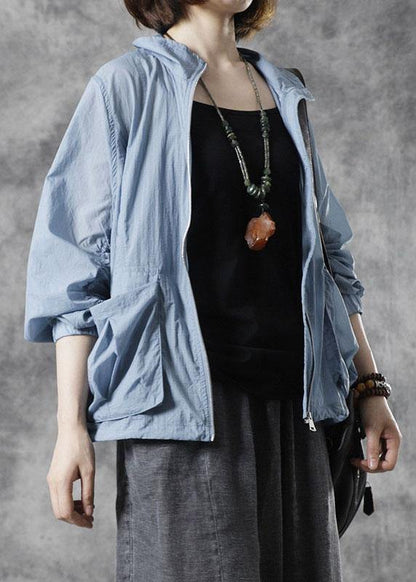 diy Blue Stand Collar Zippered Fall Long Sleeve Top - SooLinen