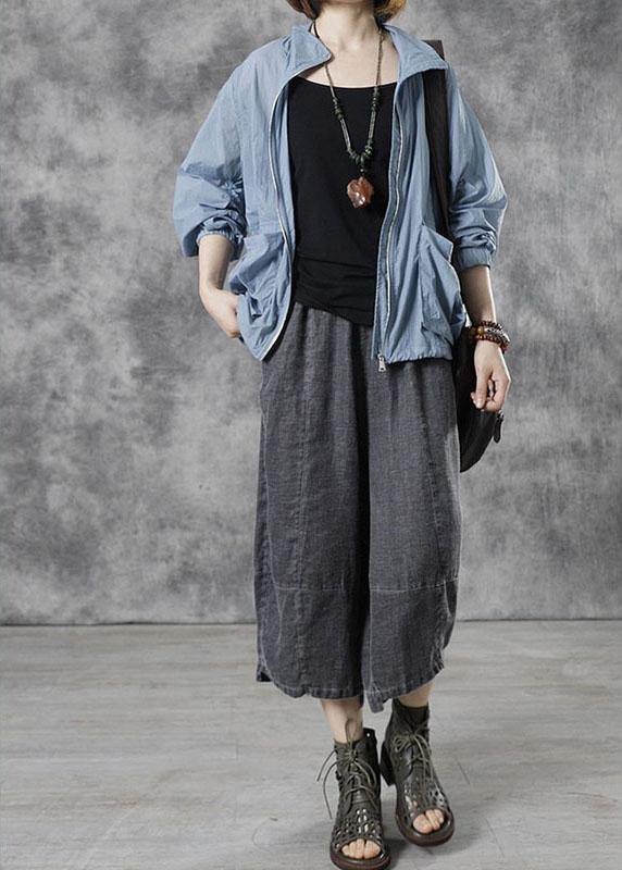 diy Blue Stand Collar Zippered Fall Long Sleeve Top - SooLinen