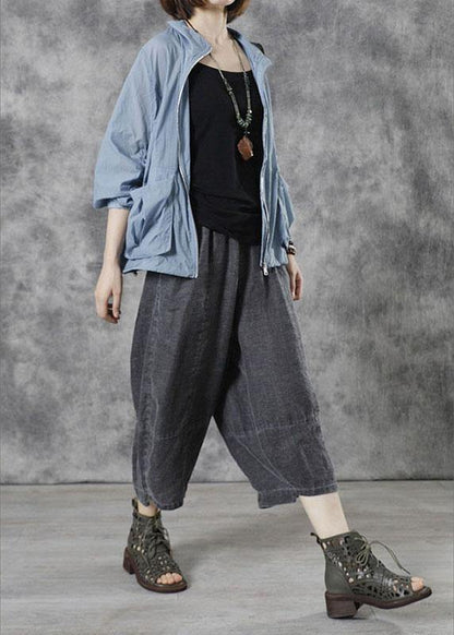 diy Blue Stand Collar Zippered Fall Long Sleeve Top - SooLinen