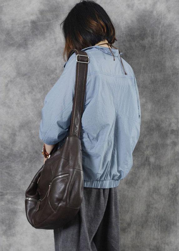 diy Blue Stand Collar Zippered Fall Long Sleeve Top - SooLinen