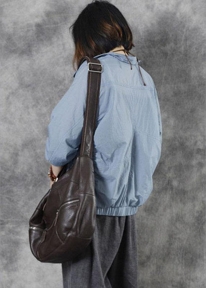 diy Blue Stand Collar Zippered Fall Long Sleeve Top - SooLinen