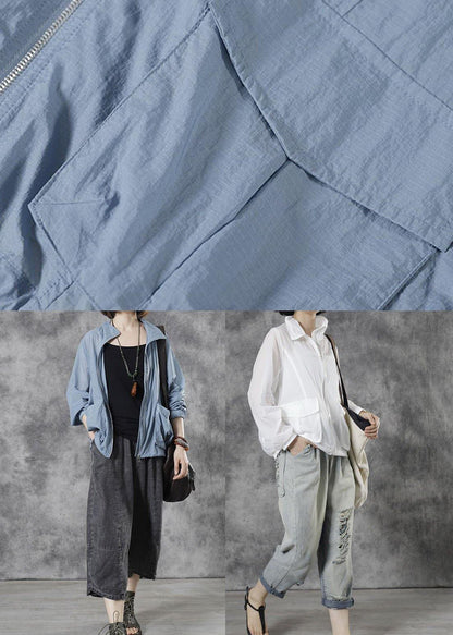 diy Blue Stand Collar Zippered Fall Long Sleeve Top - SooLinen