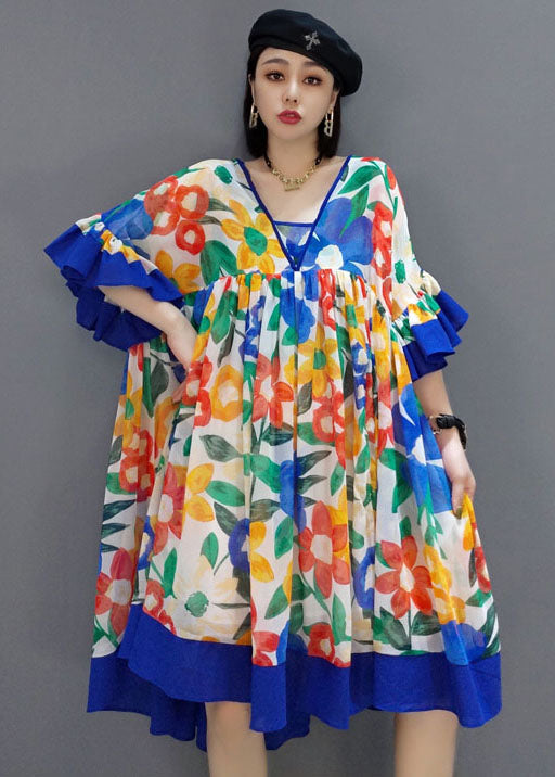 diy Blau faltig V-Ausschnitt Druck Chiffon Kleider Sommer