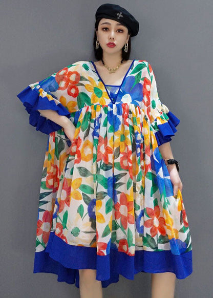 diy Blau faltig V-Ausschnitt Druck Chiffon Kleider Sommer