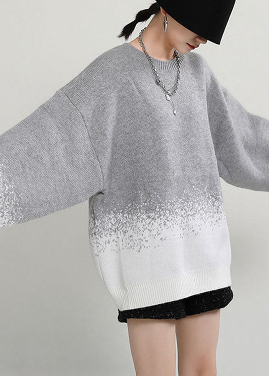 diy Grauer O-Ausschnitt Lockerer Herbst Casual Strickpullover