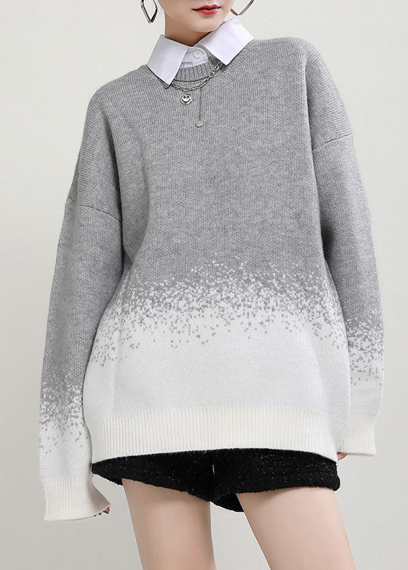 diy Grauer O-Ausschnitt Lockerer Herbst Casual Strickpullover