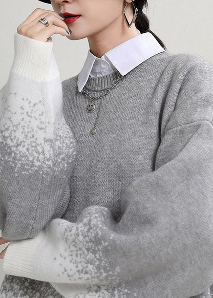 diy Grauer O-Ausschnitt Lockerer Herbst Casual Strickpullover