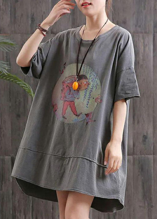 diy Grau O-Ausschnitt Print Asymmetrisches Design Herbstkleid Halbarm