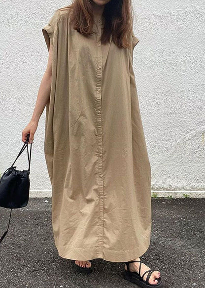 Diy Khaki Button Baumwollhemden Kleider Kurzarm