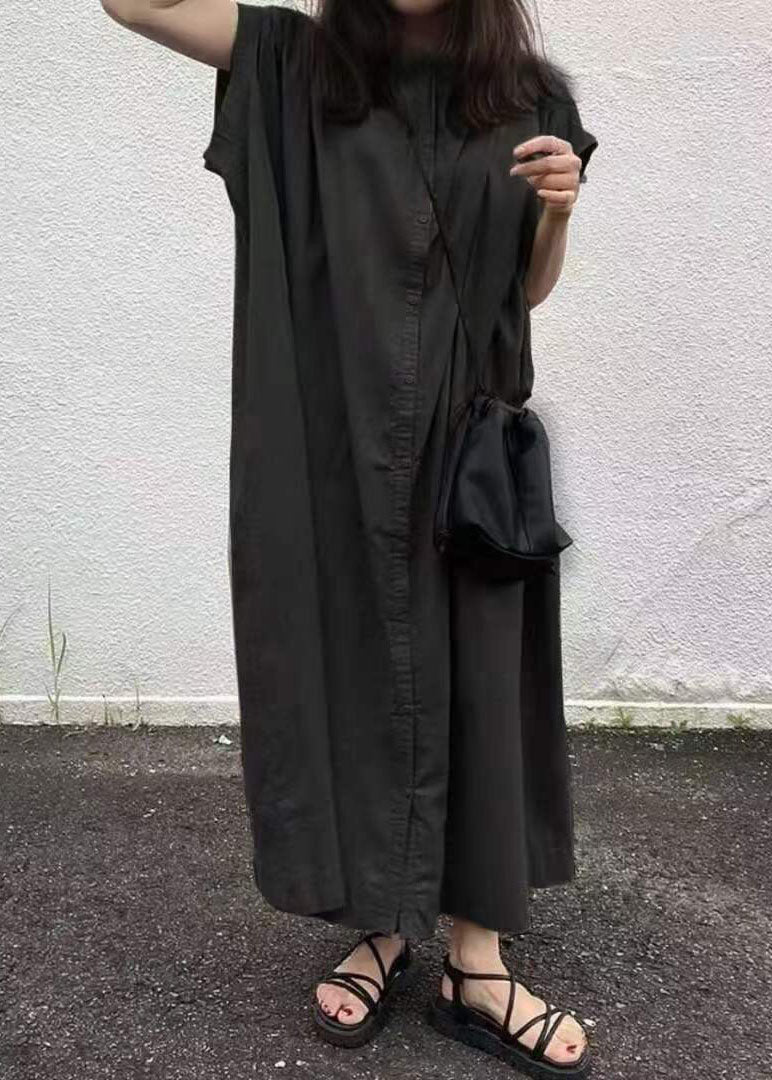 Diy Khaki Button Baumwollhemden Kleider Kurzarm